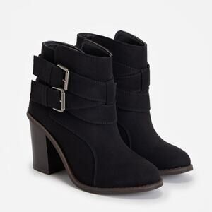 JustFab 6 Branlee Boot Black Vegan Suede Ankle Bootie Shootie Block Heel Buckles